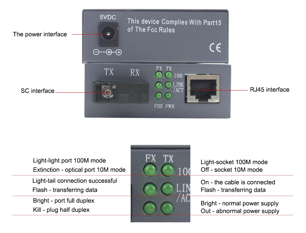 100M media converter 1310nm/1550nm 1 RJ45 port ethernet to fiber optic converter