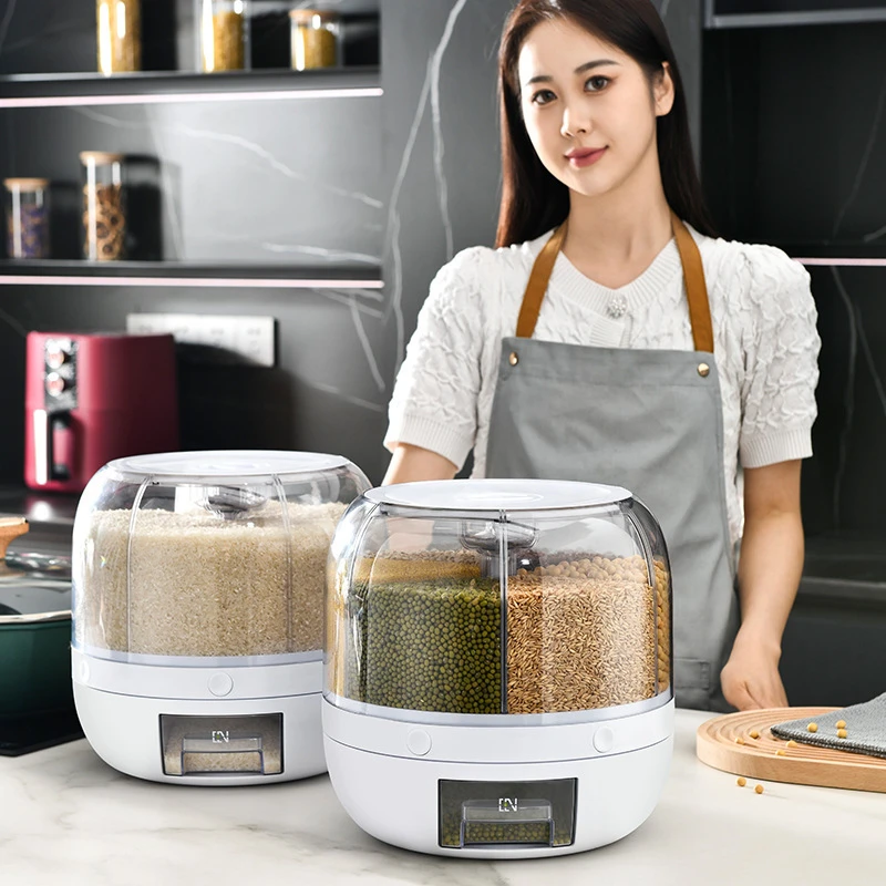 Thickened Kitchen Plastic Cereal Storage Container Rotating 6-Compartment Grain Dispenser Barrel for Dry Food Rice Beans supplier