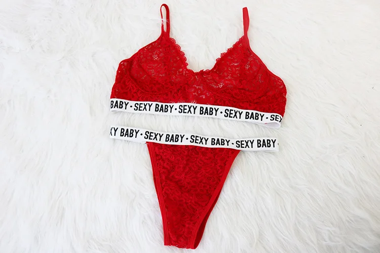 Eaby Hot Selling Sexy Lace Bikini Transparent Lettered Europe and America Sexy Lingerie Set