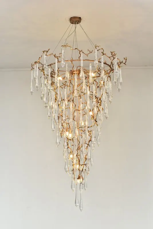 MEEROSEE New Arrival Large Copper Chandelier Golden Luxury Long Staircase Hanging Lamp Light Fixture for High Ceiling MD86925