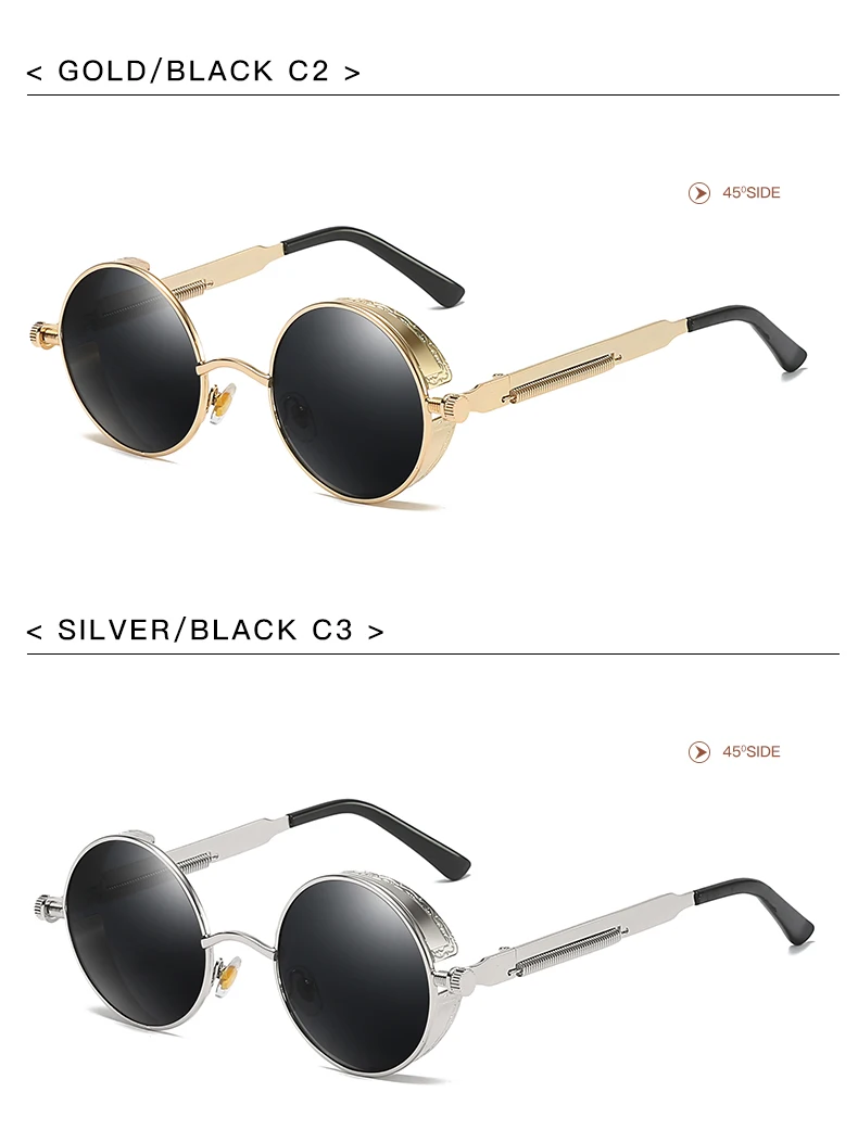 2019 Retro Round Metal Polarized Punk Steampunk Sunglasses For Women Men Vintage Sun Glasses 