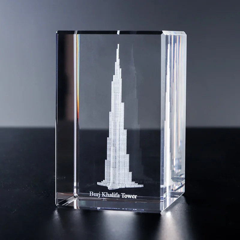 Burj Khalifa Glass 3D Crystal Cube Polished Carved Laser Printed Love Paperweight Home Decor Souvenir Gift Crystal Crafts details