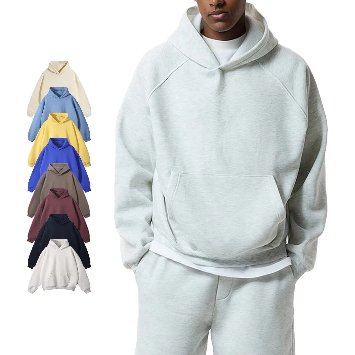 Back view of a navy stringless hoodie showing smooth hood drape and clean shoulder seams