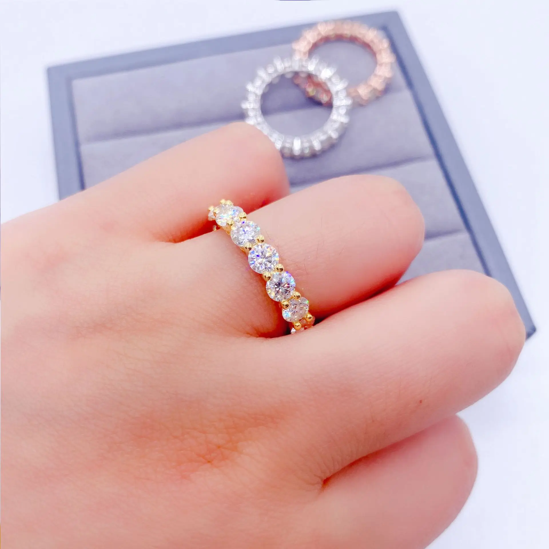 Moxan Hip-Hop 925 Silver Full Diamond Ring Set VVS4.0mm Cut Wedding Ring for Men Women Instagram Engagement Party Anniversary