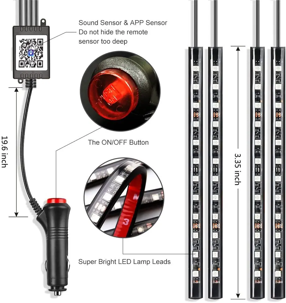 4Pcs 48LED Multi-color Music Atmosphere LED Interior Under Dash Lighting APP Control with Sound Active Function Car LED Strip Lights