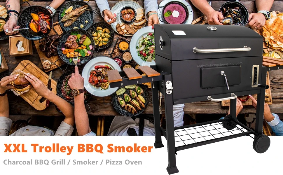 Xxl Large Trolley Rectangular Barbecue Grill Tabletop Bbq Smoker