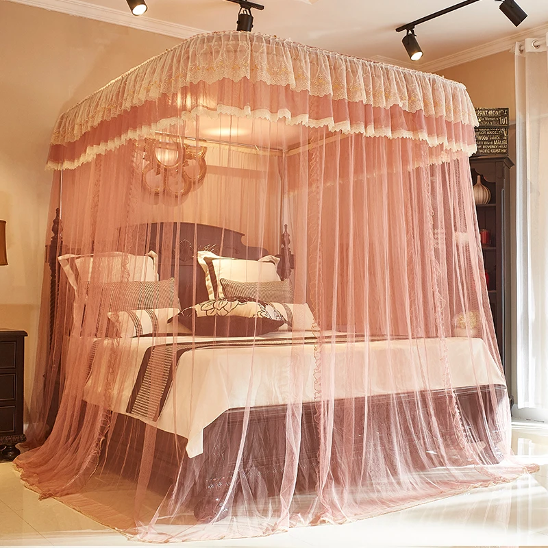 Fashable Double Bed Romantic Square Guide Rail Lace Embroidery Adult Baby Mosquito Net