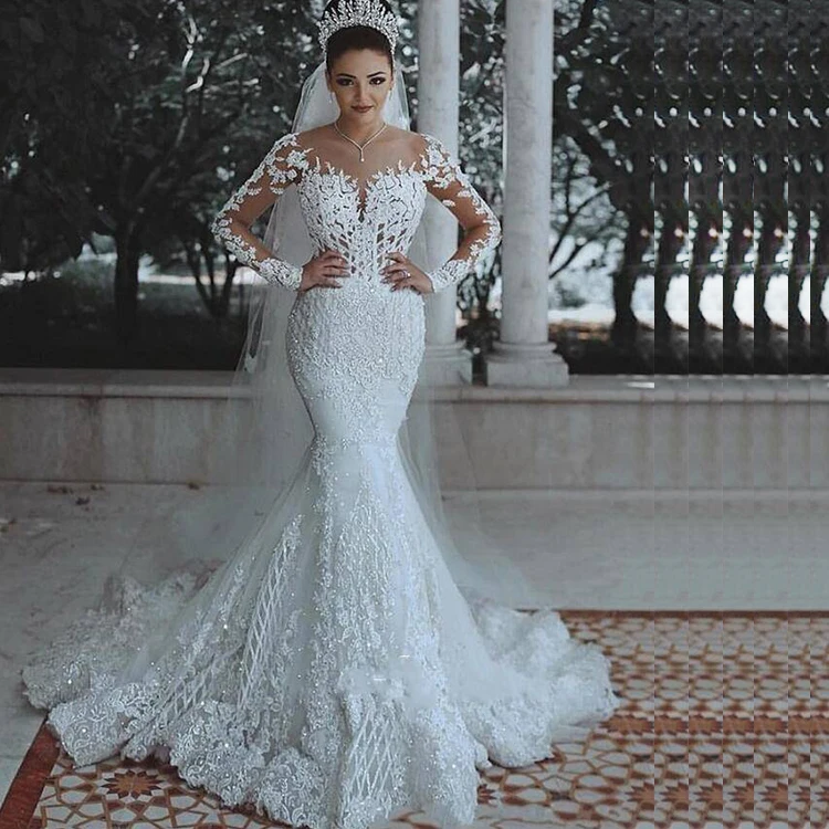 Scoop Arabic saxy Mermaid Wedding Dresses Long Sleeves  Bride Dresses Applique Beaded Middle East Bridal Wedding Gowns