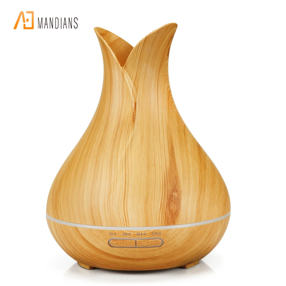 
Factory Directly Sales 400ml Remote control Vase LED Light Wooden Grain ultrasonic Air Humidifier Aroma Diffuser 