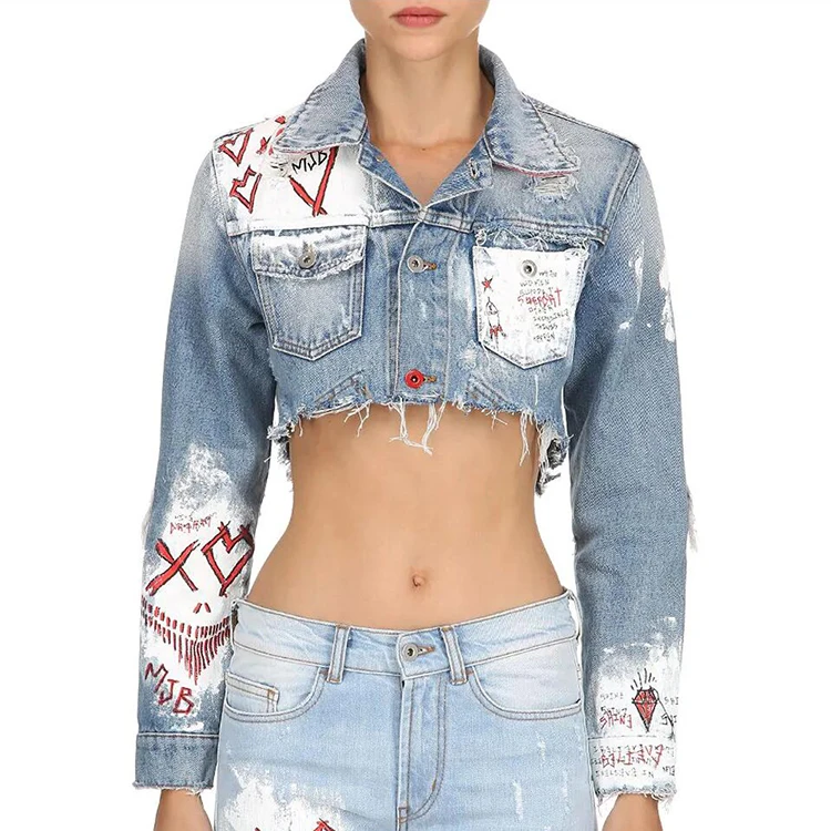 Handpaint Denim Jacket Shirt Style Collar Half Jacket Women Short