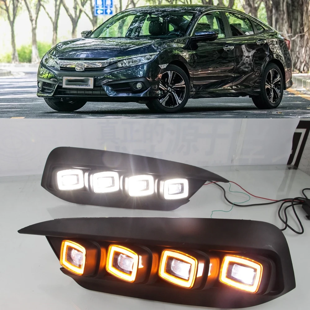 DRL LED For Honda Civic 2016 2017 2018 Daytime Running Light 12v ABS Fog Light Cover With Yellow Turn Signal Light