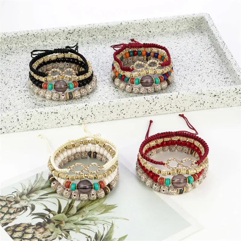 Vintage 4Pcs/Lot Women Braided Bracelets Set Bohemia Charm Handmade Stone Beads Numeral 8 Crystal Bracelets Femmes