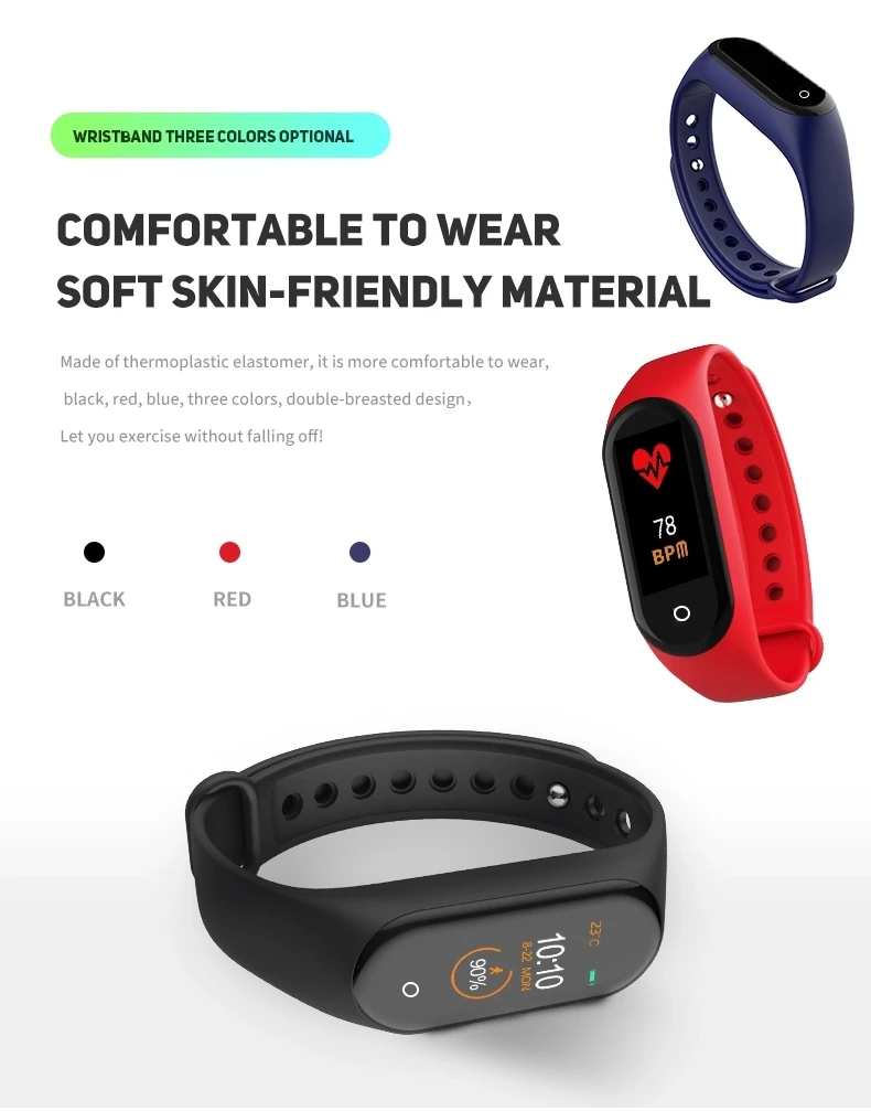 2019 Newest Factory Selling Color display FitnessTracker Blood Pressure Health Sport Smart Bracelet m4 smart band