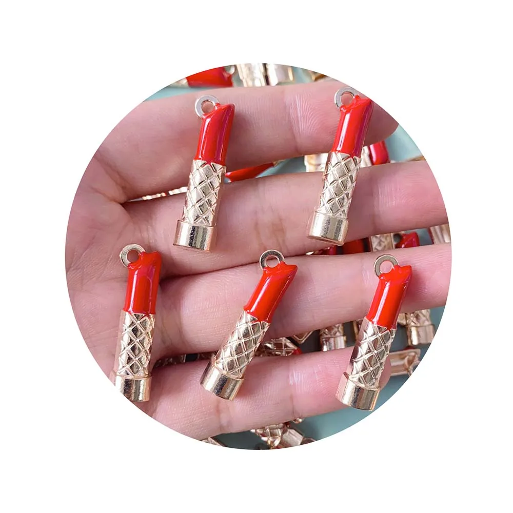 BULK 100Pcs/Lot Enamel Red Lipstick Charms Gold Lip Stick Makeup 