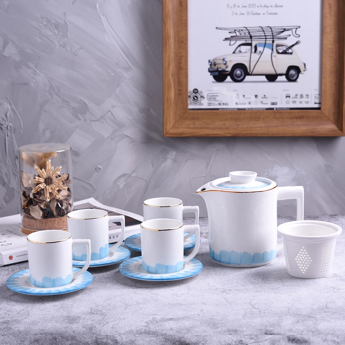 Classic Marble Tea Cup Sets 13 Pcs Ceramic Tea Sets With Gold Plated