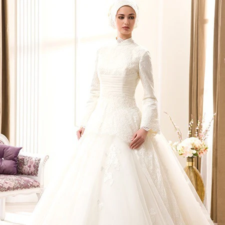 Msl1008 Elegant White High Collar Long Sleeve Arabic Hijab Lace