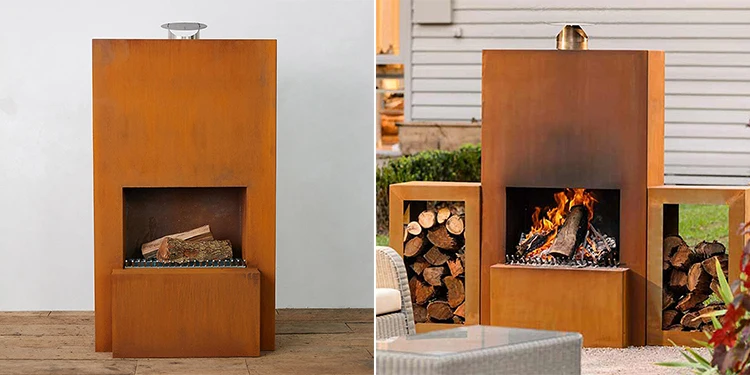 Corten Steel Standing Outdoor Fireplace with Wood Storage