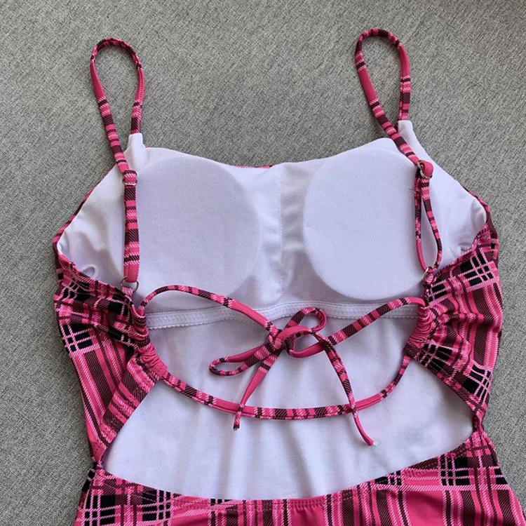 Black Pink Gingham Bathing Suit Back Lace Up One Piece Swimsuit Buy