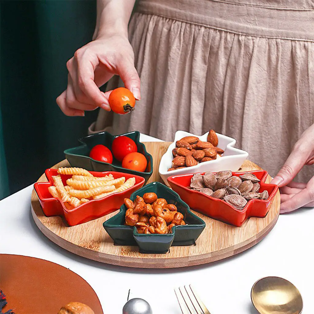 Christmas Tree Shaped Plates with Bamboo Tray Candy Nut Serving Container Platters Snacks Fruits Plate Ceramic Snack Tray factory