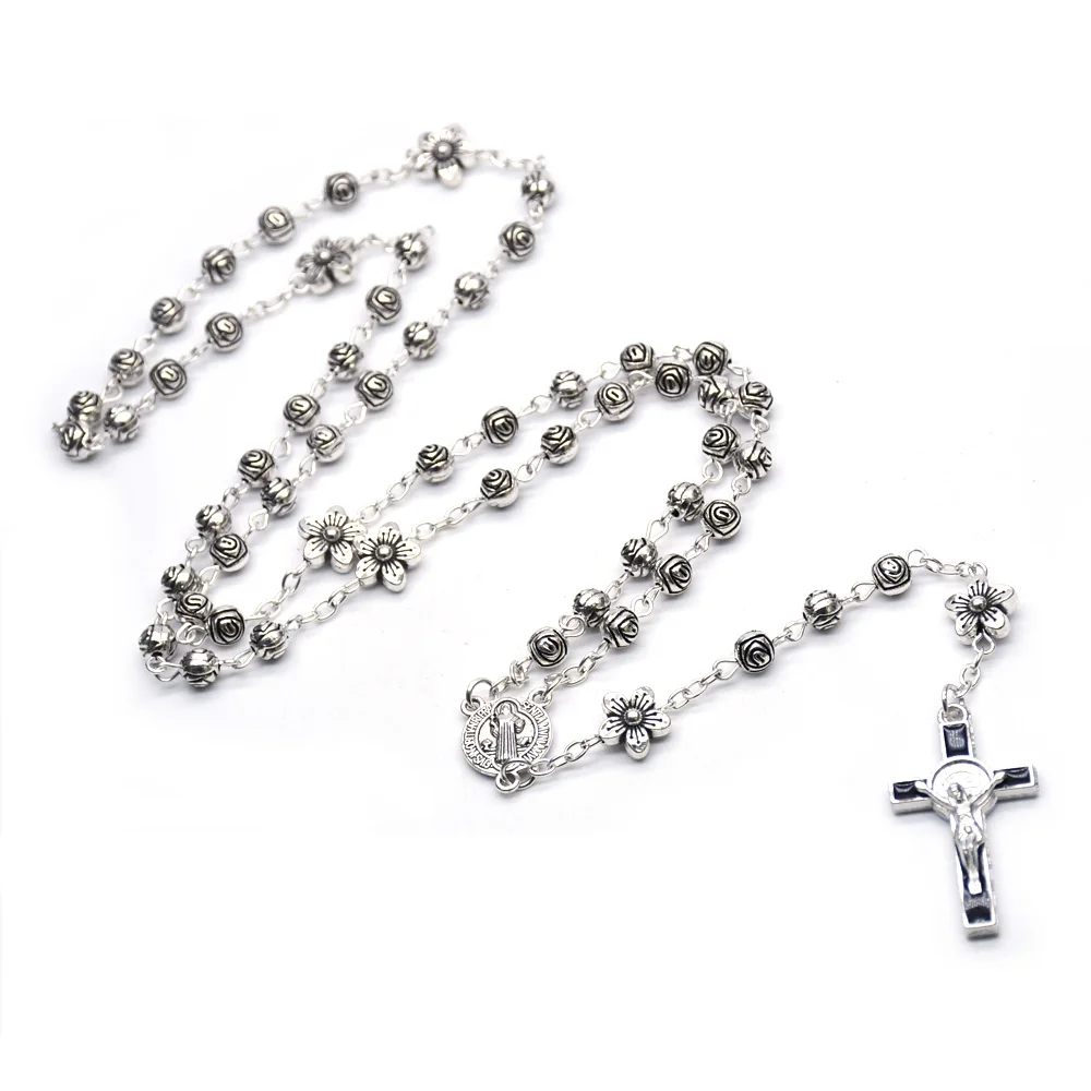 Holy Virgin Metal Rose Flower Beads Rosary Necklace Gift Religious