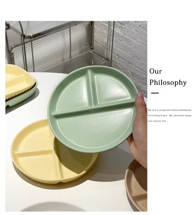 Round Ceramic Compartment Plate 3 Compartments Divided Plate Dinnerware