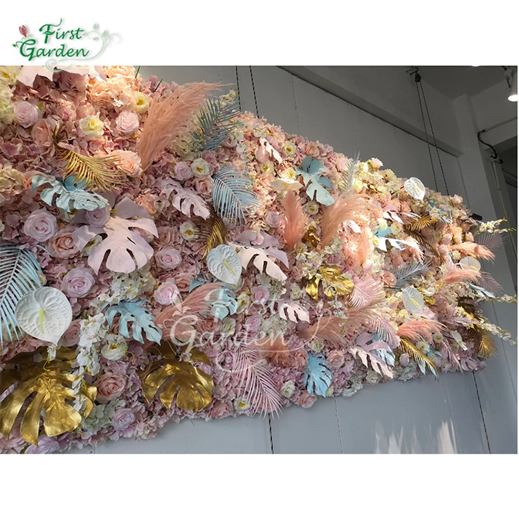 Rose Artificial Flower Reed Bulrush Gold Monstera Leaves Green Plant