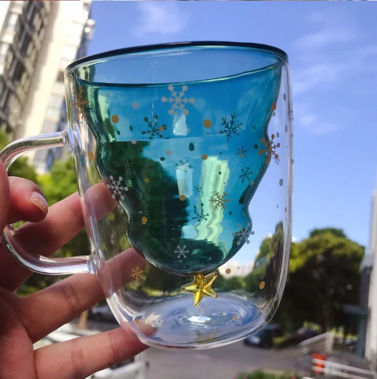 300毫升圣诞树形状玻璃杯圣诞礼物装饰与白色硅胶帽