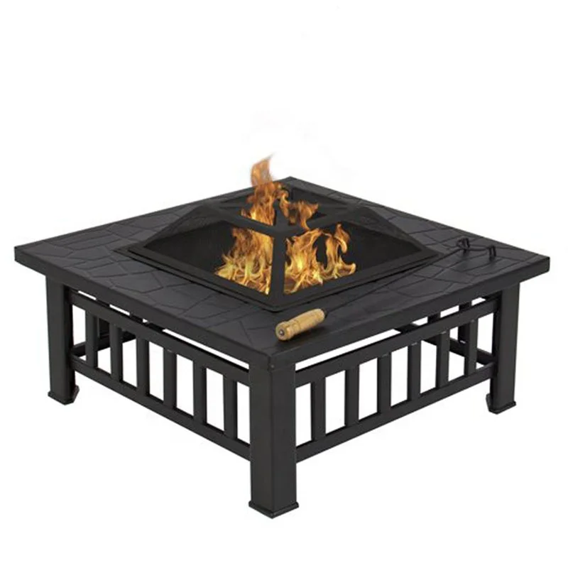 Metal Firepit Backyard 32" Square Patio Garden Stove Fire Pit W/Cover Outdoor