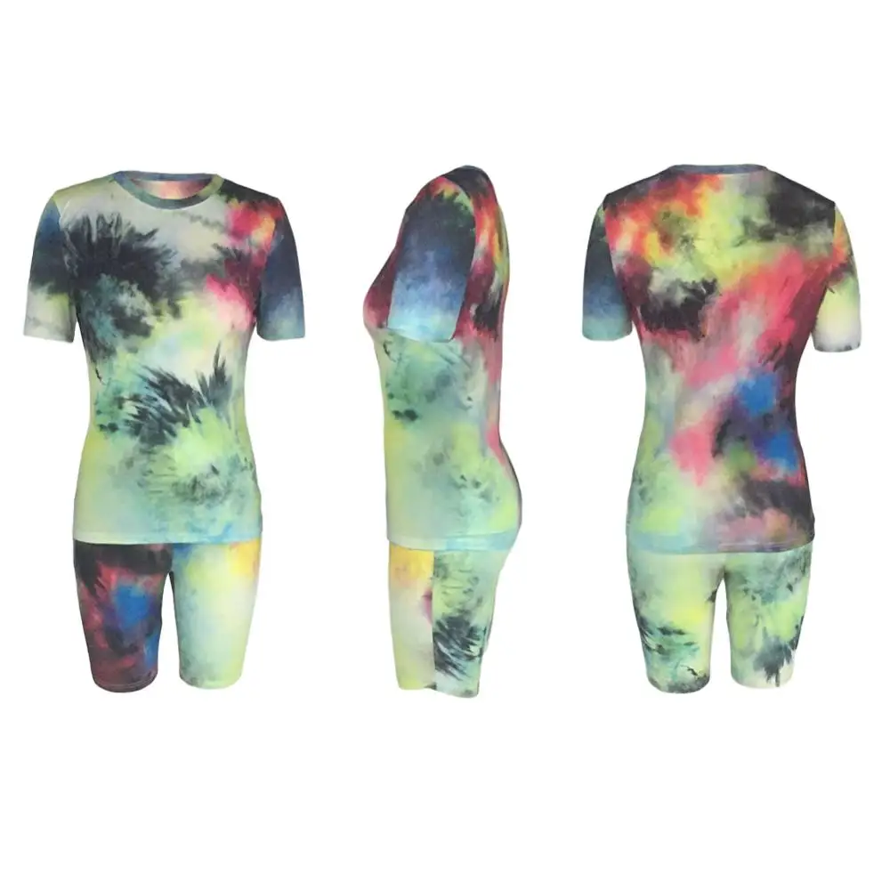 Hot Sale  Women Clothing Colorful Tie-dye  Short Sleeves  Two Pieces Shorts Set Casual 2 Piece Women Outfit