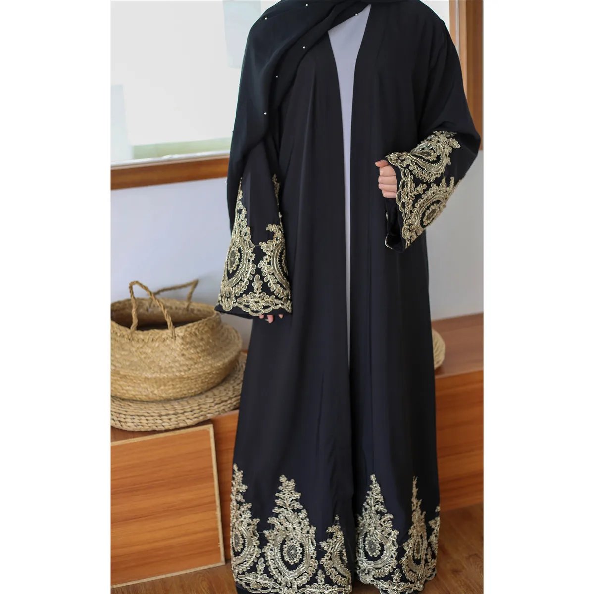 1495# Hot Selling Modest Navy Blue Abaya With Stunning Gold Lace Edging ...