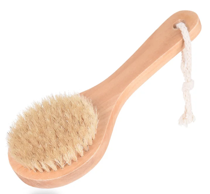 Natural Bristle Middle Long Handle Wooden Shower Body Bath Brush With