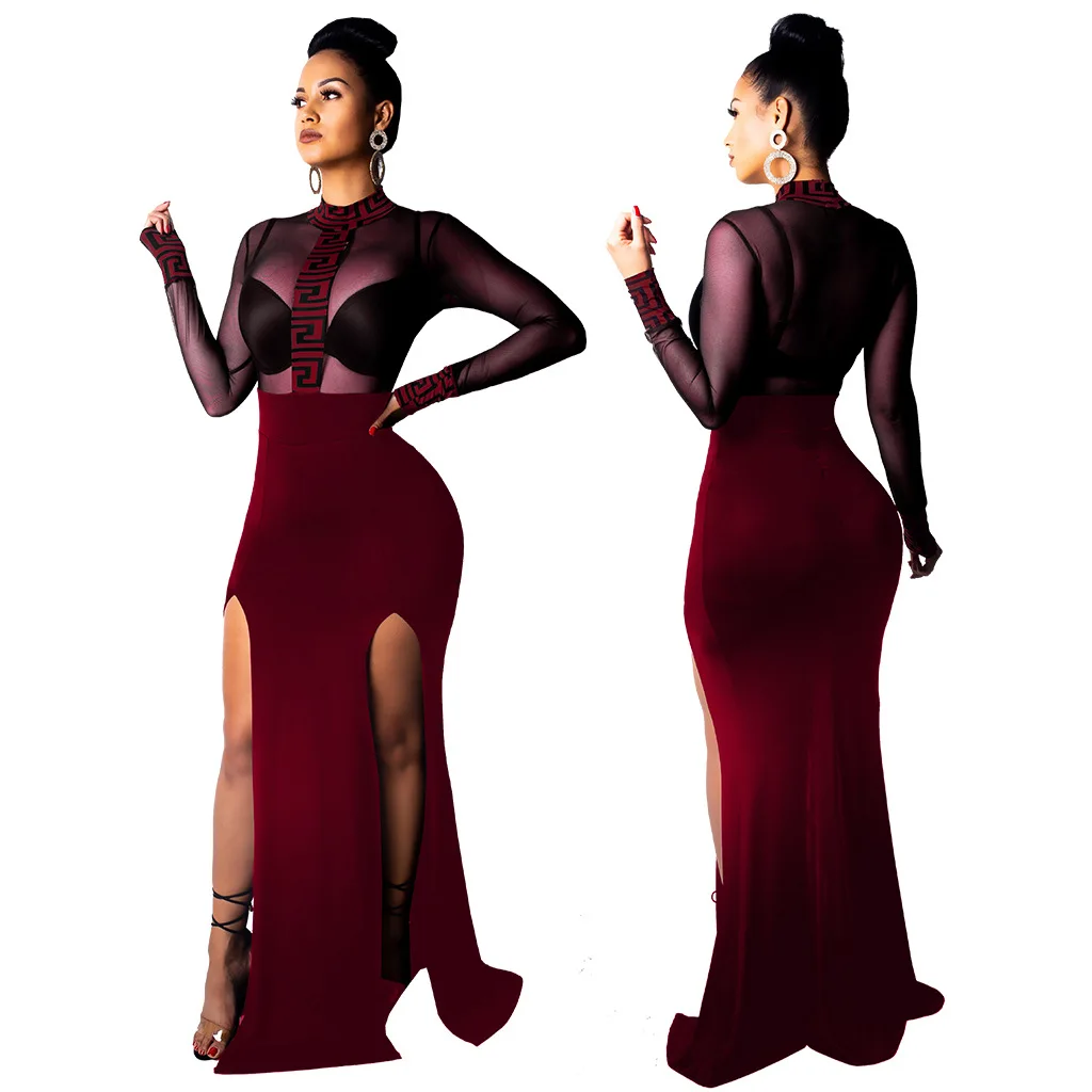 Maxi Split Sexy Dresses For Night Club Sheer Dinner Gown Evening Long Sleeve Winter Party