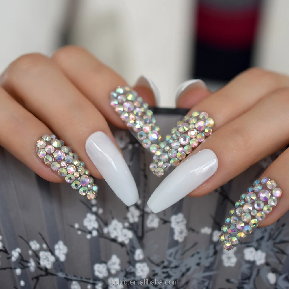 Long Designed Nails Salon White Products 3d Rhinestone Coffin Nail Art Tips  Luxury Sparkling Full Nail Set L5619 - Buy Artificial Nails,Luxury Nails,Finger  Nails Japanese Fake Nail Press On Manicure Designed False