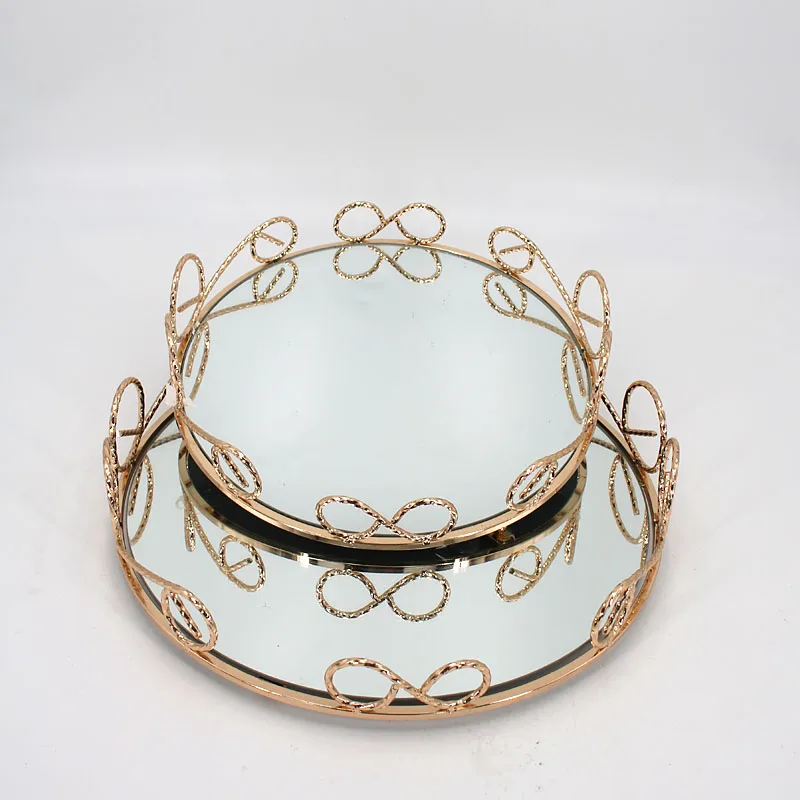 Wholesale Decorative Glass Mirror Tray Set Gold Metal Flower Frame