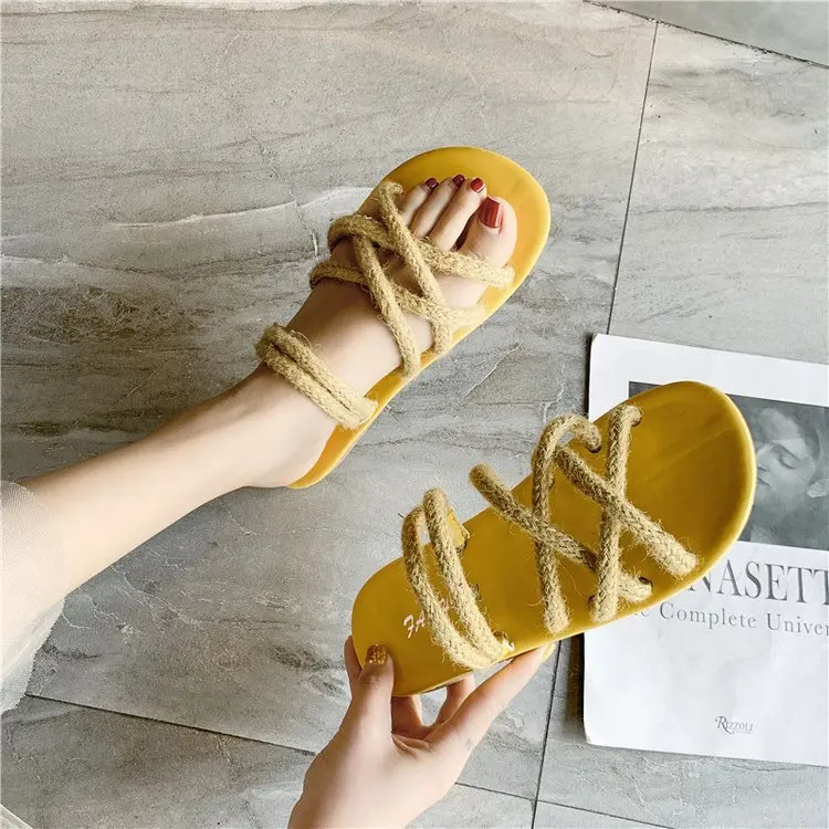 Details about   Woman Flat Sandals Hemp Rope Lace Up Non-slip Beach Party Wear Slippers Footwear 