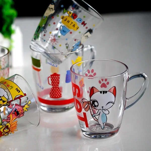 高白玻璃材质卡通设计贴花玻璃茶杯
