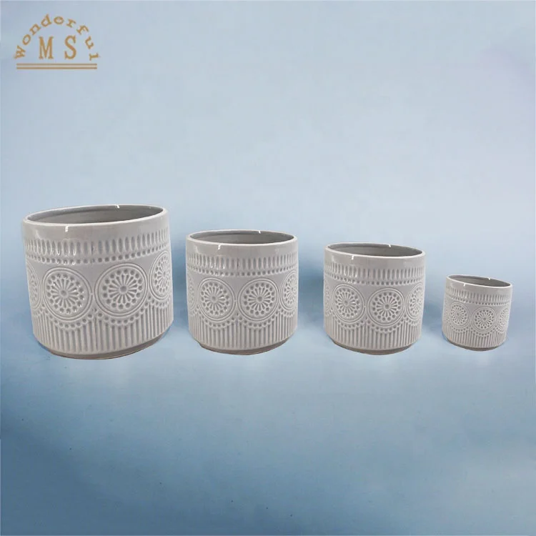 3D small country planter Ceramic Pot for home living room and garden Round Shape Relief Design apply for Valentine's Day Gift