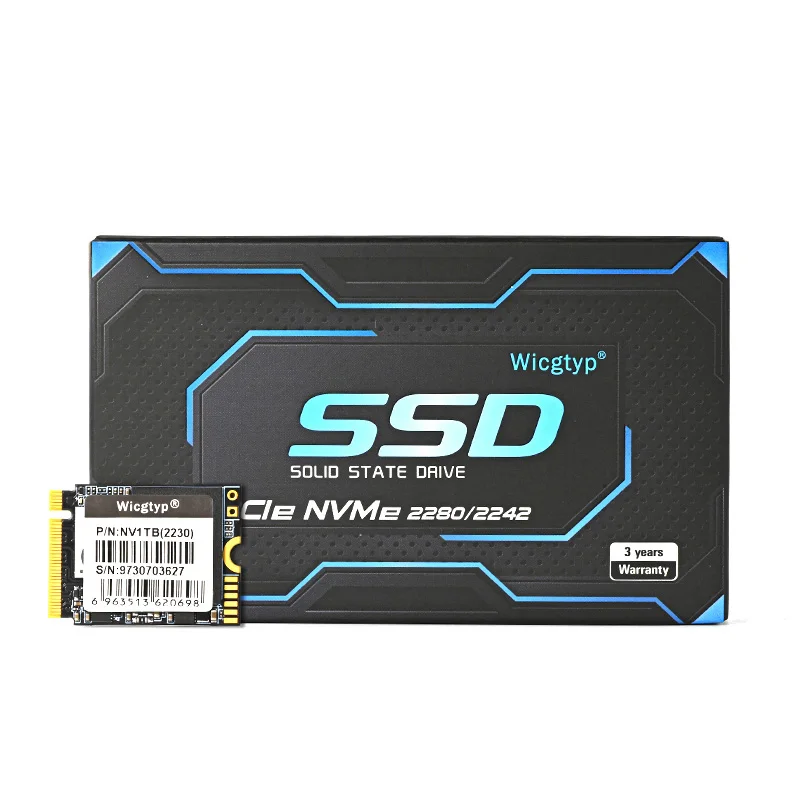 Close-up of M.2 2242 SSD with visible copper thermal layer