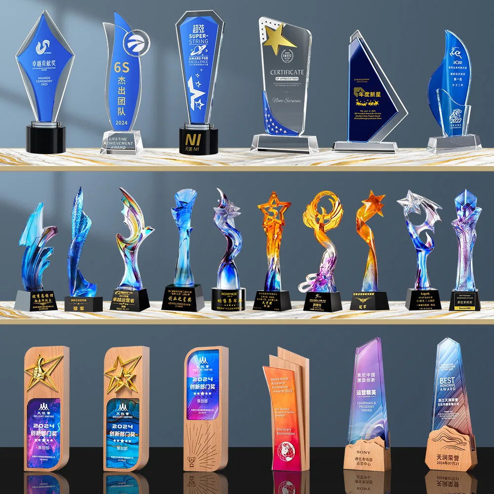 Cheap Wholesale Blue Star Crystal Trophy Custom Logo UV Printing Personalized Crystal Star Award Factory Customizable