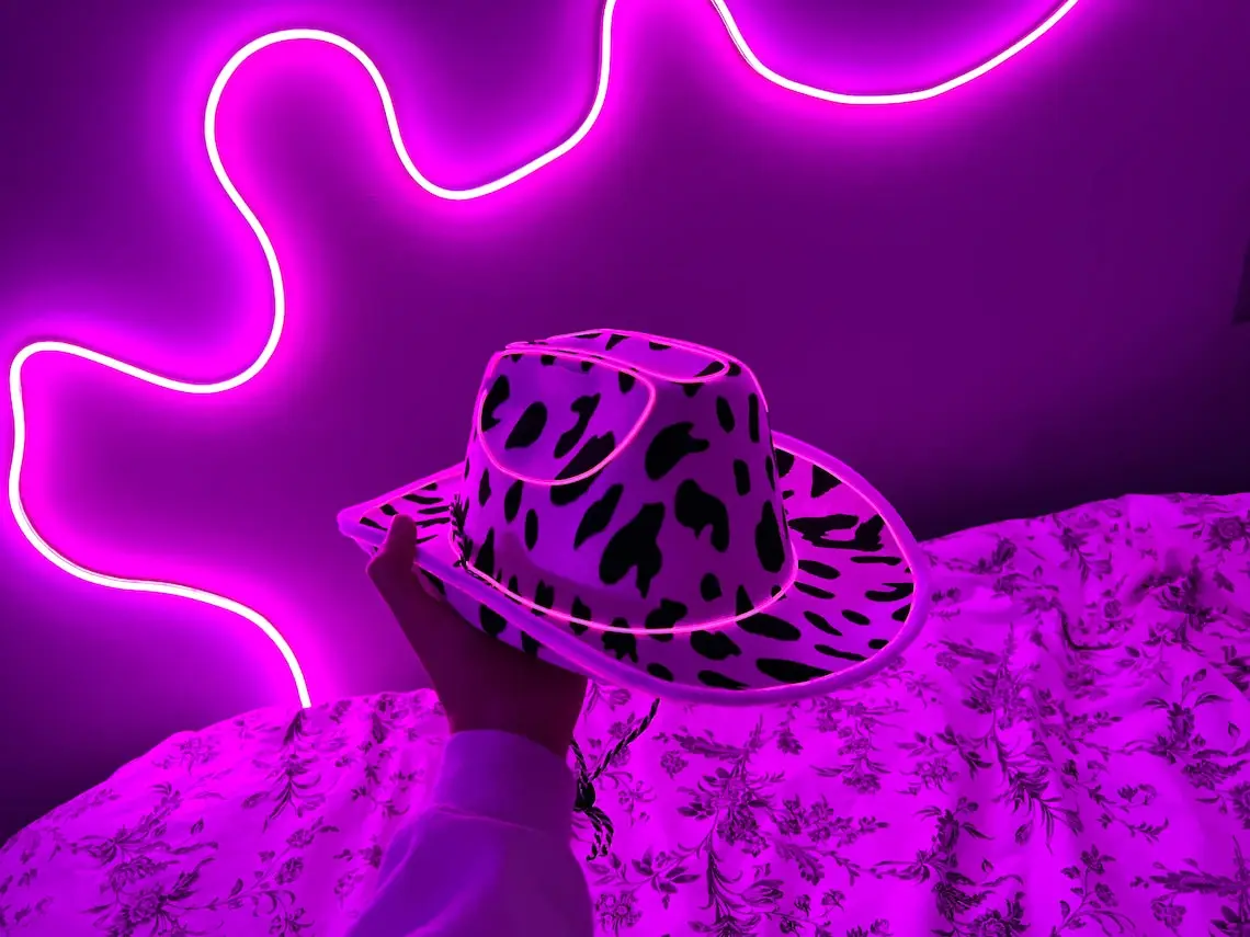Neon Led Light Up Cowboy Hat Fun Cow Print Hat Unisex Black And White