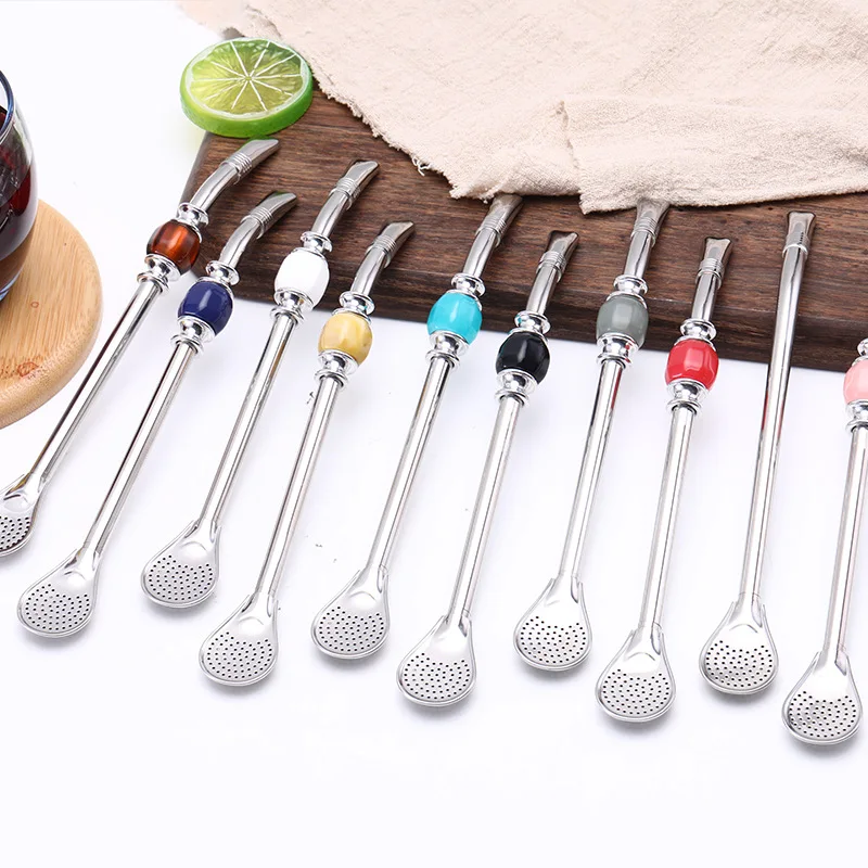 product one stop supply drinking accessories stainless steel yerba mate tea straw spoon with brush  color beads handle for unique gifts-1