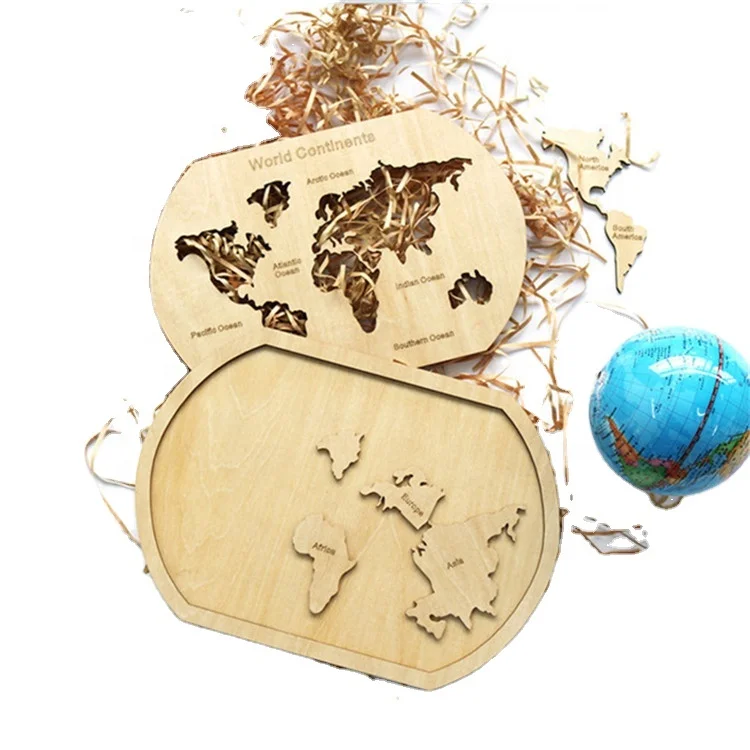 Montessori Wooden World Map Puzzle Natural Wood Children Jigsaw IQ Game ...