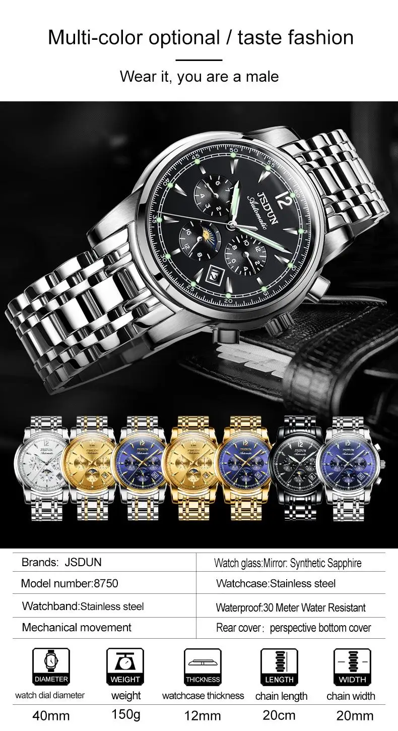 Men Automatic Mechanical Chronograph WristWatch 3ATM Waterproof Power Reserve Fashion Luxury Hand Watch Unique Watch For Men