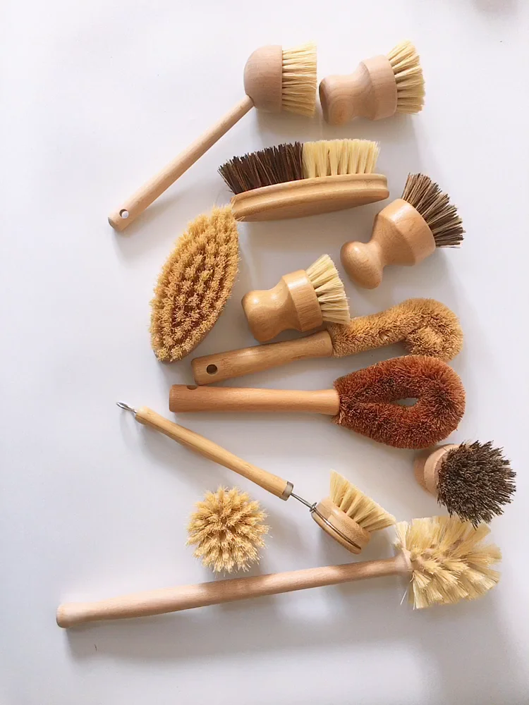 Natural Tampico Bristle Vegetable Dish Brush Grip Wood Handle Eco