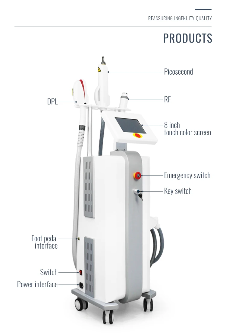 Vertical new 3 in 1 multifunctional machine Picosecond laser handle+ DPL hair removal handle+ RF handle