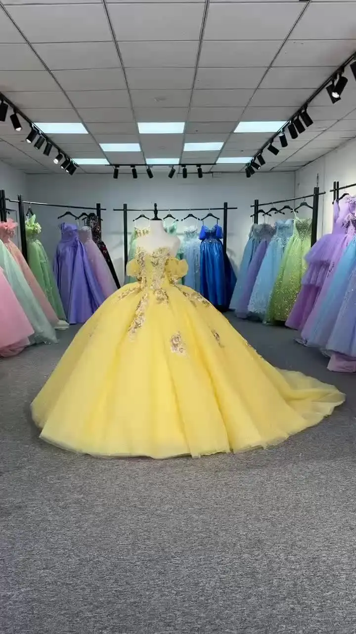 Jancember 6823 Bright Yellow Lace Flower Quinceanera Fairy Dresses for 16  Girls
