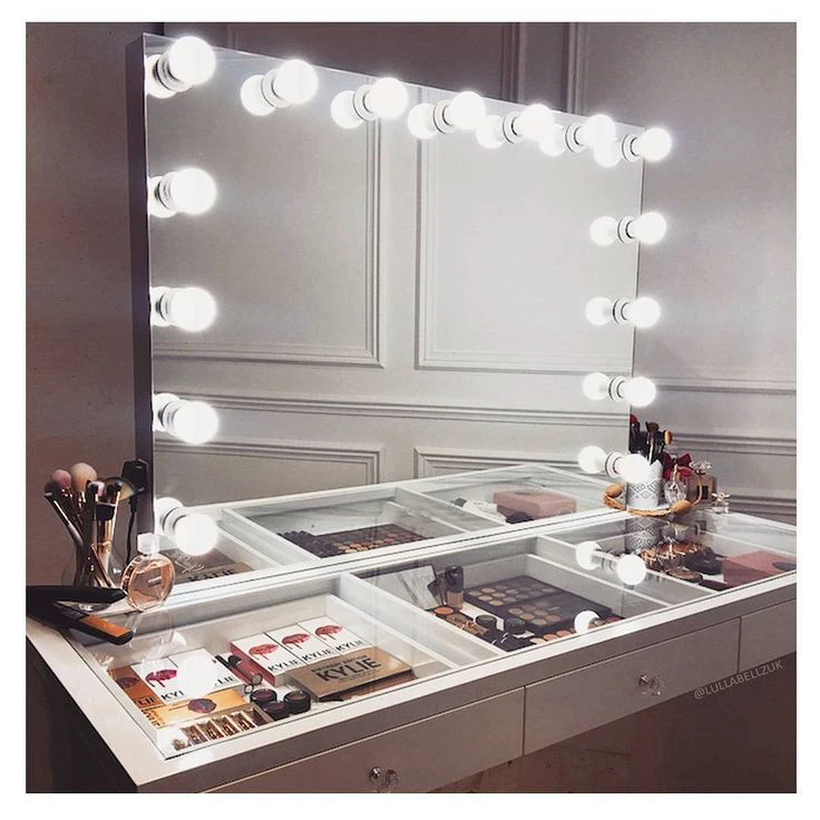 Miroir Cosmétique Blanc AKOFIC Hollywood Miroir de Maquillage avec Lumière L50*H40 cm Grand Miroir Vanité de Table Contrôle Tactile avec 14 Ampoules LED Réglable Replaceable et 3 Modes de Lumière