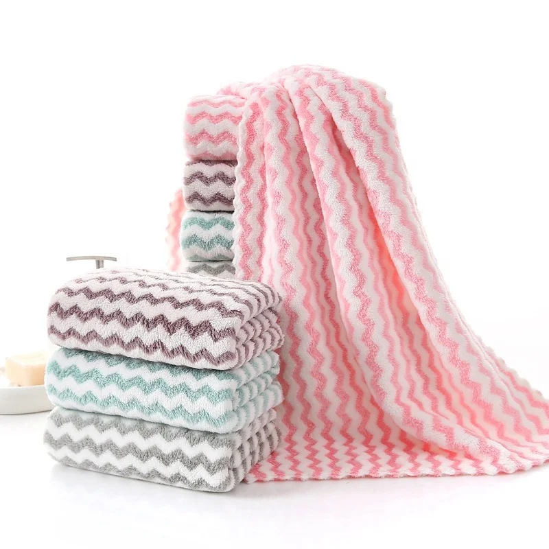 Striped Coral Fleece Bath Towel Set And Face Striped Coral Fleece Set