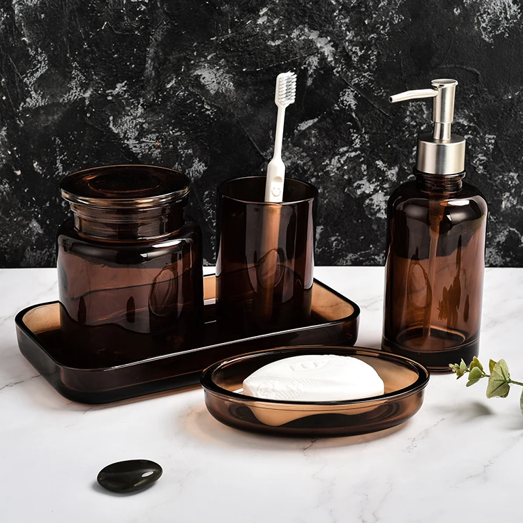 Modern Bathroom Countertop Amber Glass 5 Pcs Bathroom Accessory Set