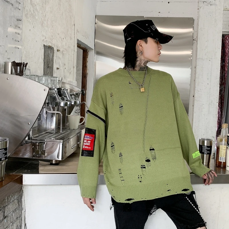 
High Street Fashion New Man S Sweater Ripped Custom Knitted Sweater Men Custom Wholesale Sweaters 